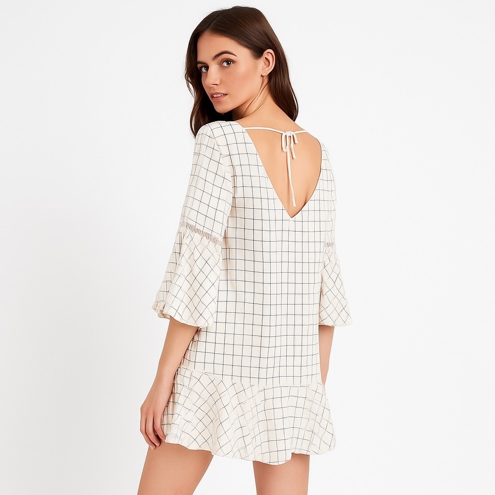 Sancia boho tunic dress relaxed grid check ivory S